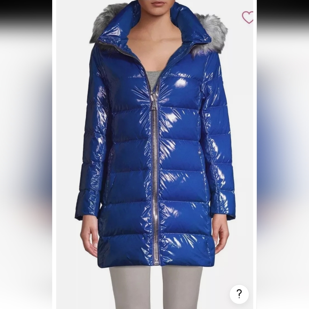 Donna Karan Blue Puffer Coat with Gray Fur Trim